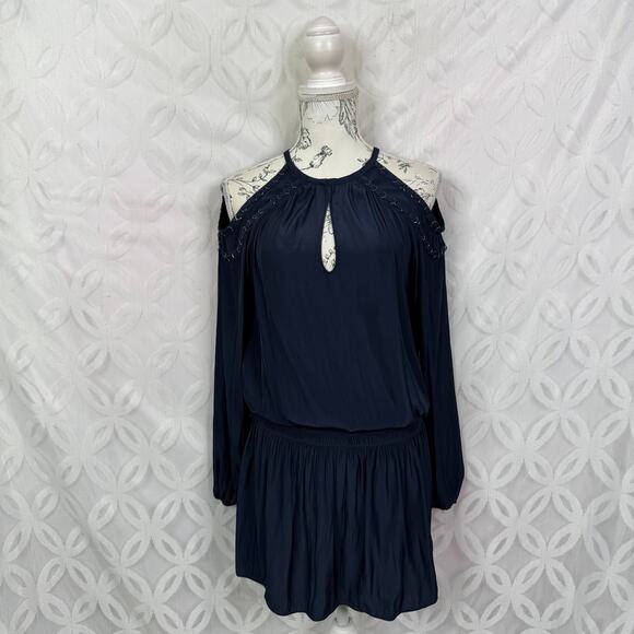 Ramy Brook Cold Shoulder Navy Blouson Satin Mini Dress Size XS - Picture 1 of 10